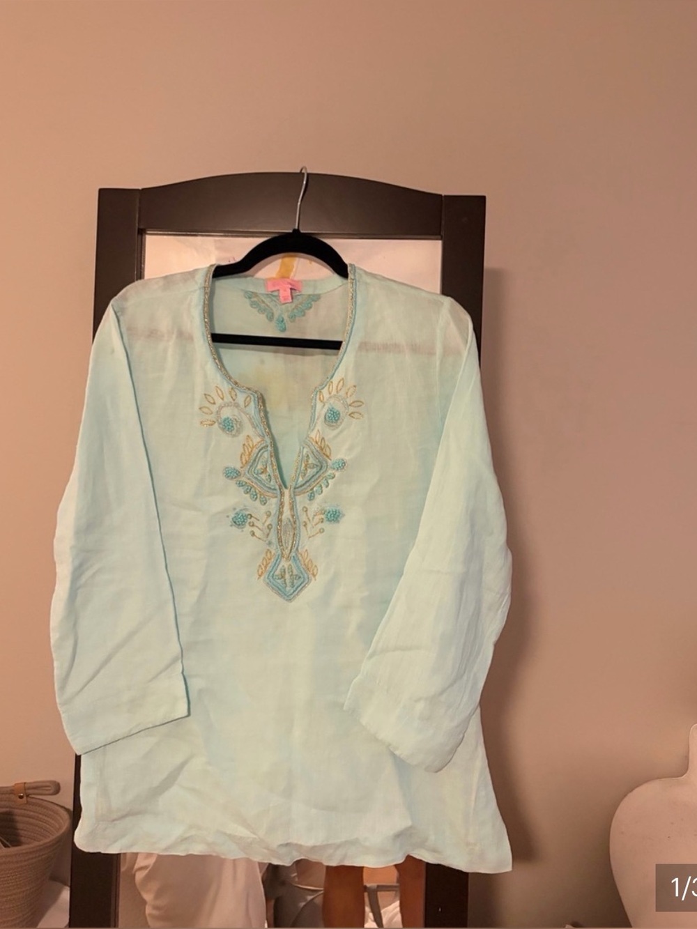 Lilly Pullitzer light aqua embroidered blouse